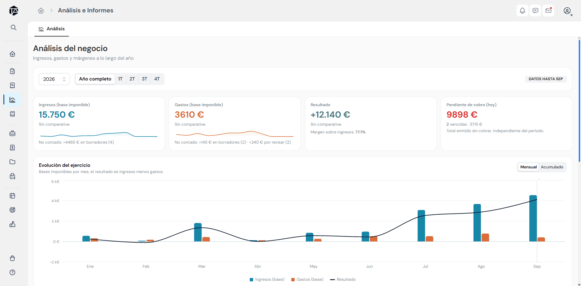 Business analysis: income, expenses and result by month