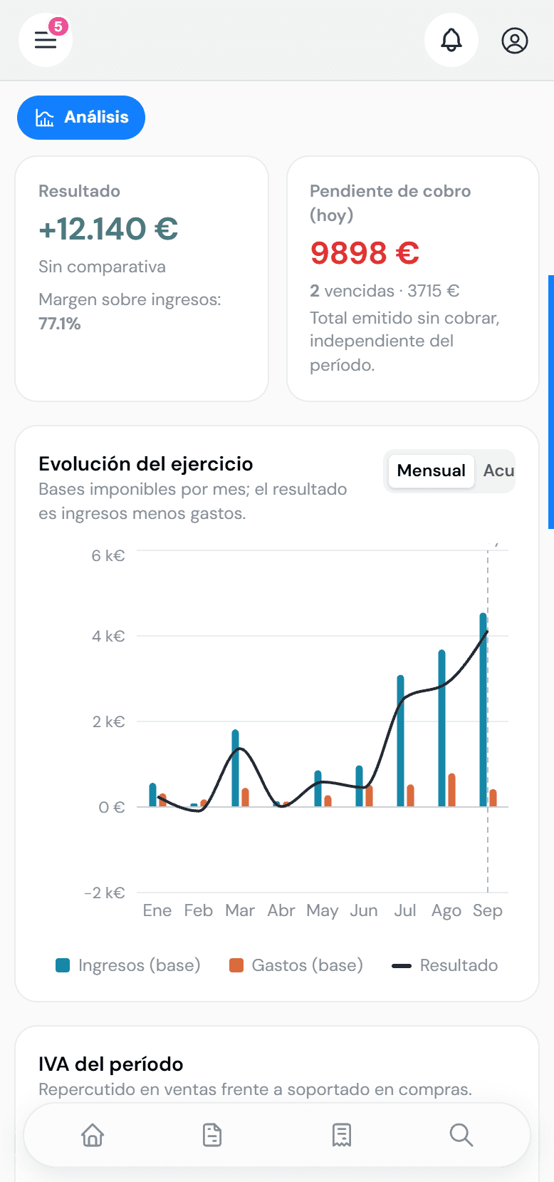 Análisis del negocio: ingresos, gastos y resultado por mes