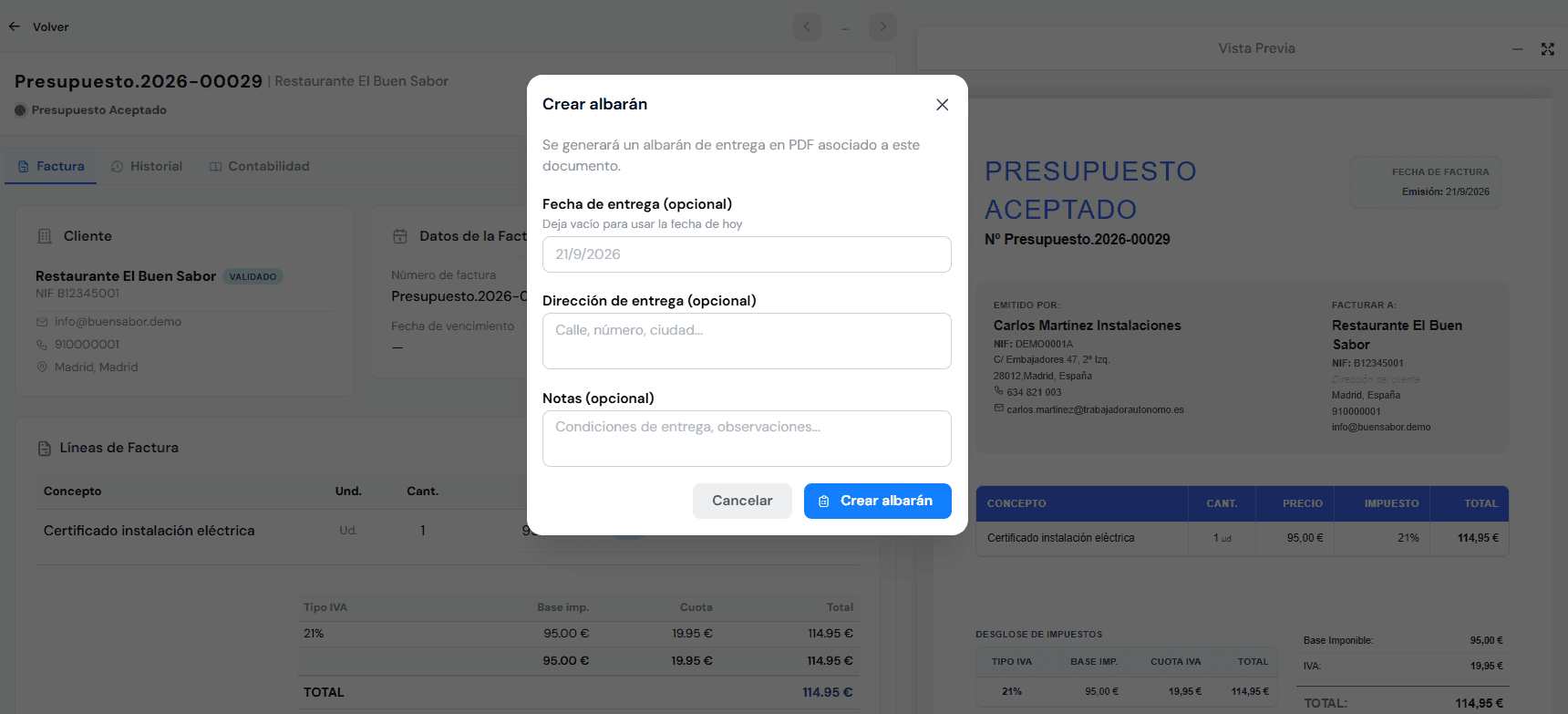 Crear un albarán de entrega desde un presupuesto aceptado