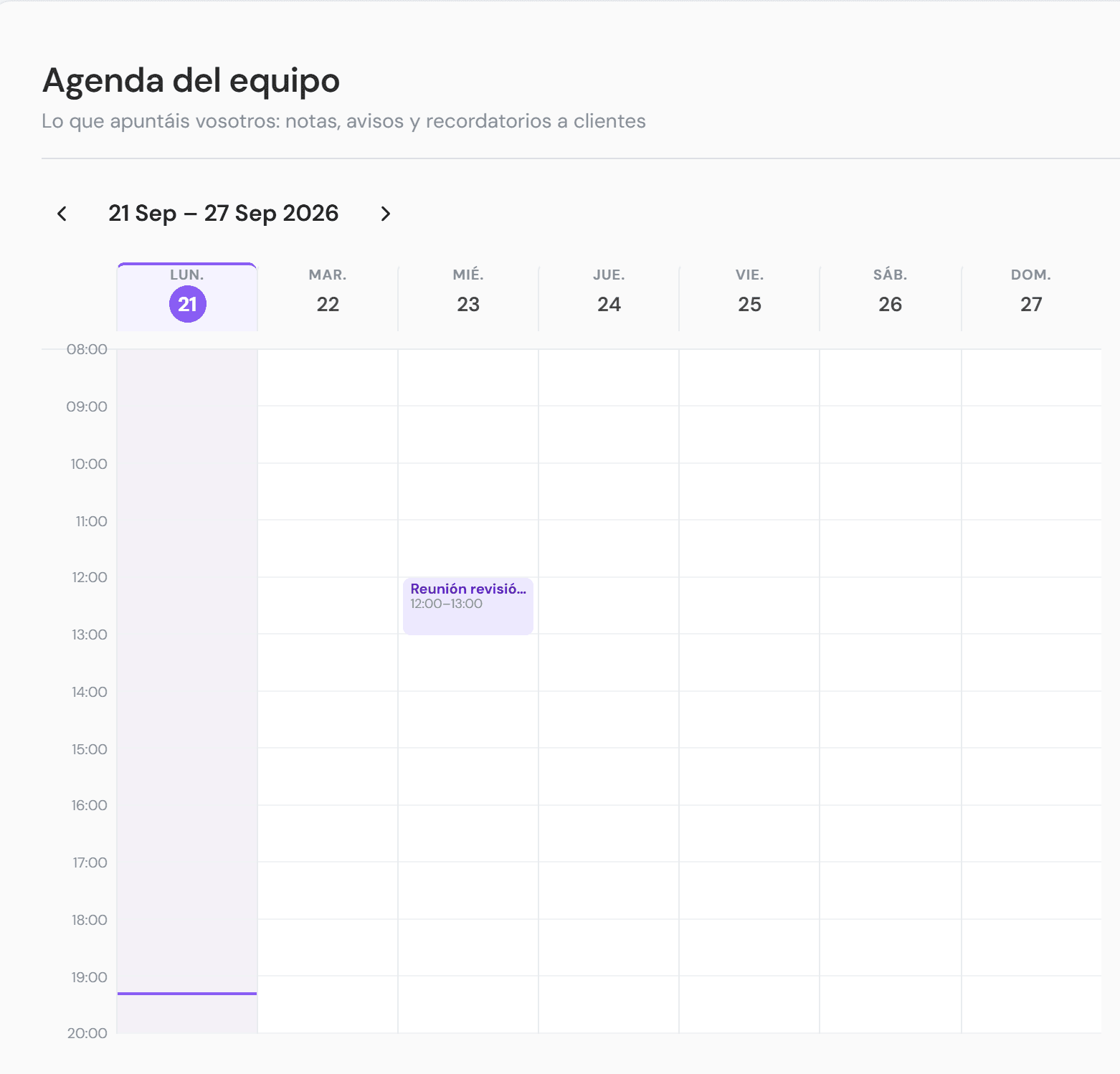 Agenda del equipo con notas, avisos y recordatorios a clientes