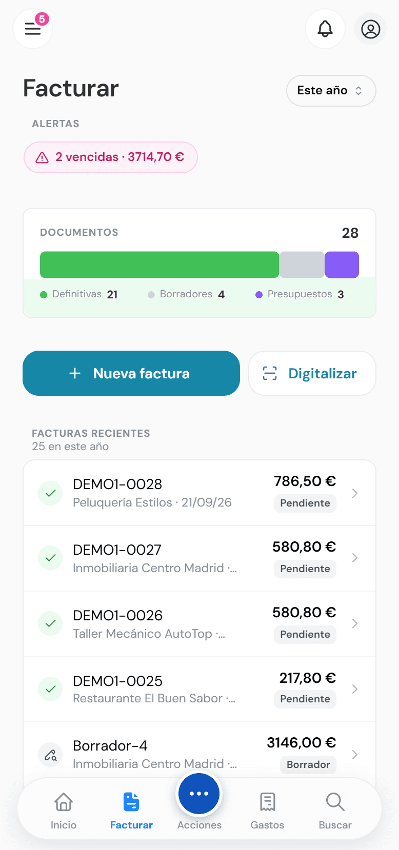 Facturar desde el móvil: documentos, nueva factura y facturas recientes