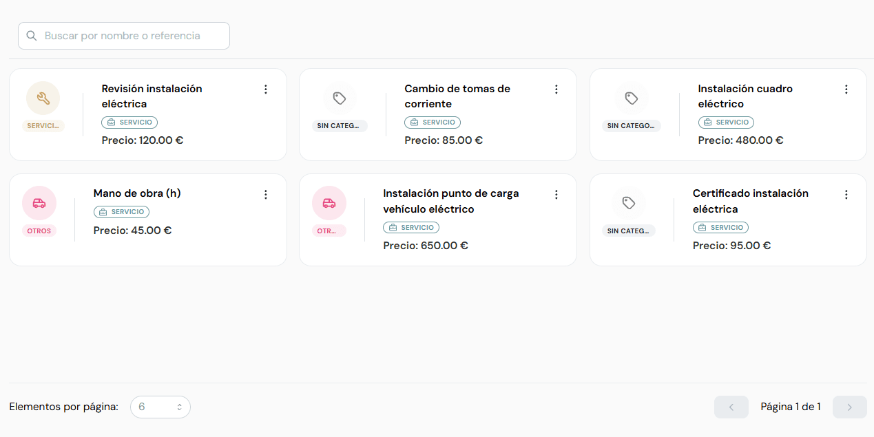 Catálogo de productos y servicios organizado por categorías